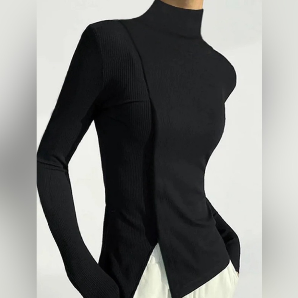 UOOZEE Skinny Solid Color Split Joint High Neck Tshirt